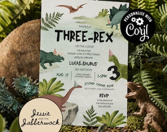 May include: A dinosaur-themed birthday party invitation with the text "There's a Three-Rex" and "Lucas-Saurus' 3rd Birthday." The invitation features illustrations of various dinosaurs and ferns, with the party details and RSVP information.