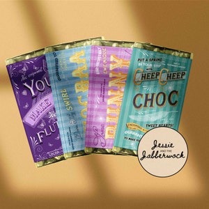 May include: Four different chocolate bar wrappers with whimsical designs and text. The wrappers are purple, blue, pink, and green. The text on the wrappers includes "Make He Flut", "Holly Swirl", "Home", "Ear-Resistibly Ewe-Nique", "Put a Spring in Your Step with Heep Heep Choc", "Endorsed by the Tweet Hearts", "Jessie and the Jabberwock", and "Made at Featheret's Roost".