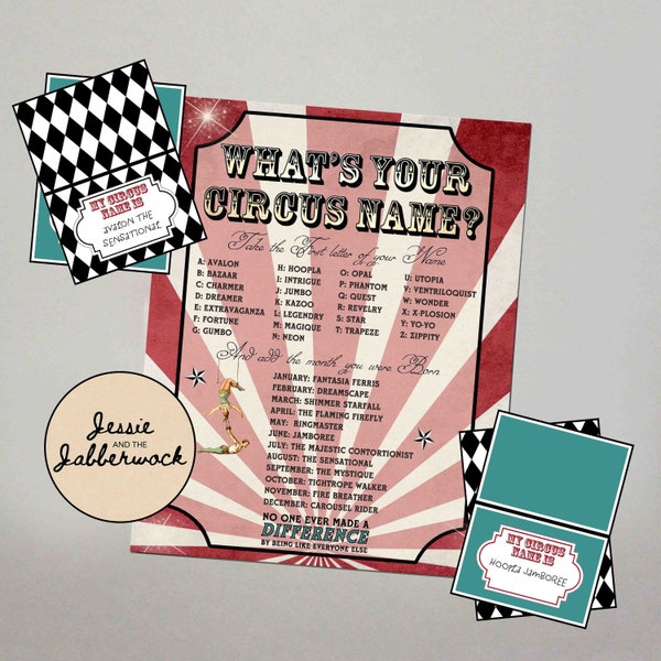 What's your Circus Name? Printable, Instant download Party Game, Greatest Show Birthday Party, Carnival Name Tent Labels