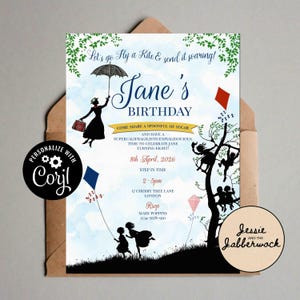 Mary Poppins Invite | Let's go Fly a Kite Invitation Template | Spoonful of sugar | Supercalifragilisticexpialidocious Picnic Birthday Party