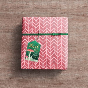 May include: A pink gift box with a green ribbon and a green and gold gift tag that says "Thank You Fairy Much!" with a mushroom illustration.