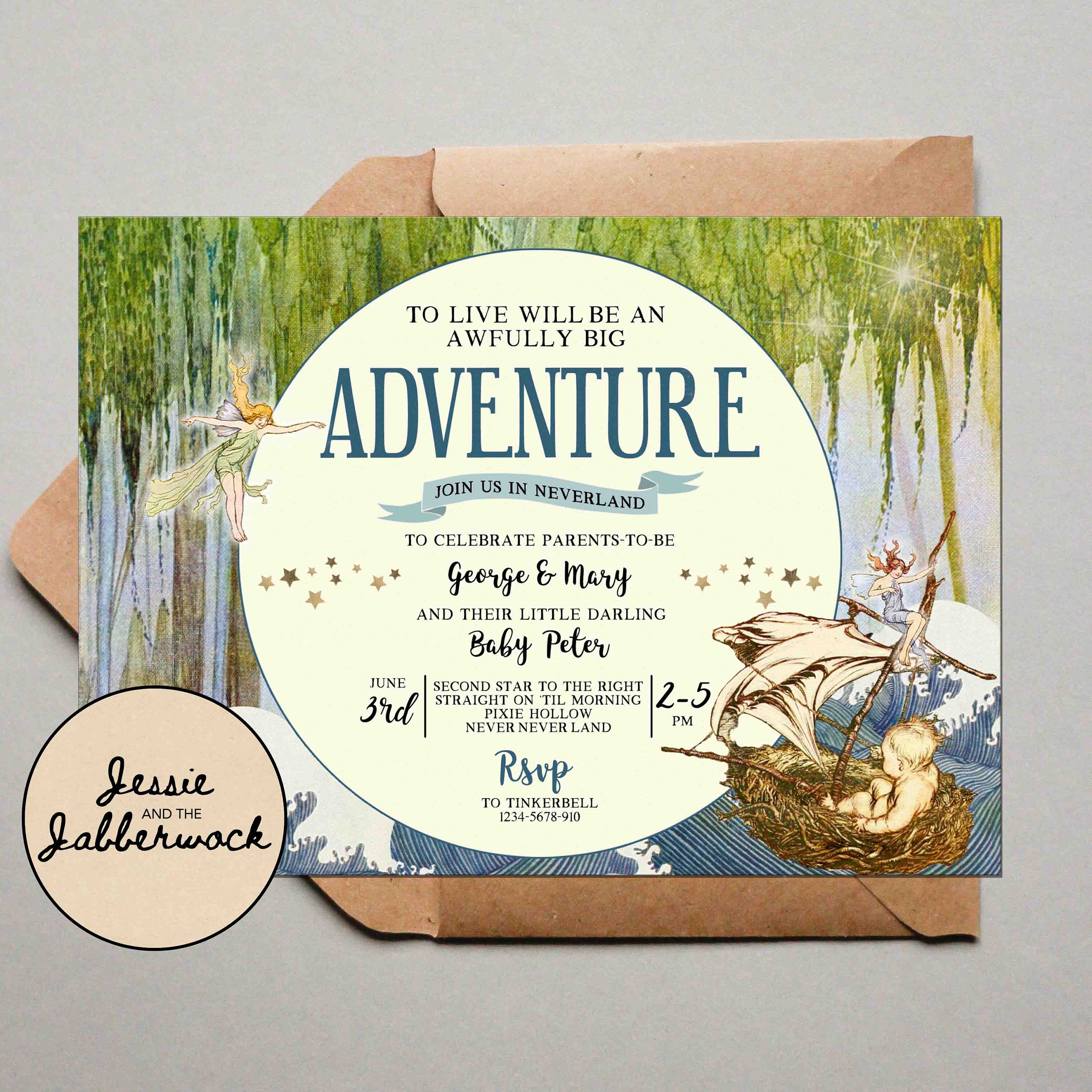 Neverland Baby Shower Invites, Vintage Peter Pan Invitation, to