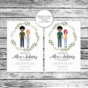 Personalised Couple and pet Illustration Wedding Invites, Custom portrait drawing invitation, Personalized Floral Save the Date, RSVP image 9