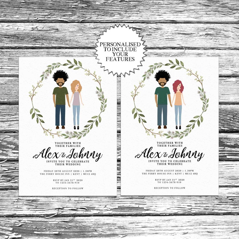 Personalised Couple and pet Illustration Wedding Invites, Custom portrait drawing invitation, Personalized Floral Save the Date, RSVP image 9