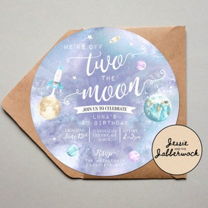 Two the Moon 2nd Birthday Invitation, Space, Round Planets Party Invite, Rocket Ship, Out of this world | Loved two the moon and back