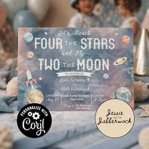 Weltraum-Geburtstagseinladung 2. und 4. gemeinsame Party, Zwei der Mond erreichen Vier die Sterne einladen, bearbeitbare Vorlage, Astronauten-Geburtstags-Corjl