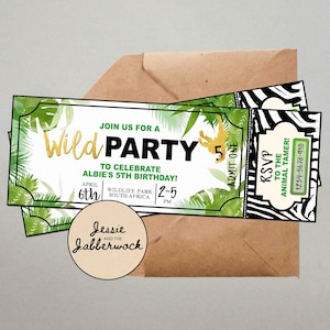 Jungle Safari Ticket Uitnodigen, WILD Adventure Verjaardag, Feest Dieren Uitnodiging