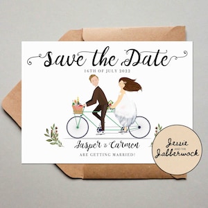Personalisierte Tandem Fahrrad Hochzeit Save the Date, Benutzerdefinierte Porträt Zeichnungseinladung, personalisiert | Hochzeitseinladungen