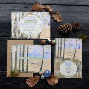 May include: A set of two cards with a whimsical forest scene and the text "Come with me where dreams are born and time is never planned. Just think of happy things and your heart will fly on wings. Forever in Never Never Land! Peter turning one!" and "Thank you for believing and for bringing my happy thoughts. Lots of love, Peter and Tinkerbell."