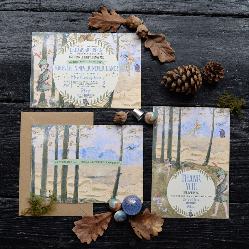 May include: A set of two cards with a whimsical forest scene and the text "Come with me where dreams are born and time is never planned. Just think of happy things and your heart will fly on wings. Forever in Never Never Land! Peter turning one!" and "Thank you for believing and for bringing my happy thoughts. Lots of love, Peter and Tinkerbell."