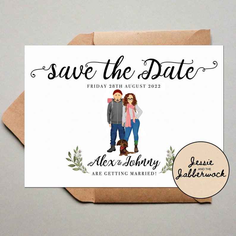 Personalised Couple and pet Illustration Wedding Invites, Custom portrait drawing invitation, Personalized Floral Save the Date, RSVP image 8