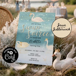 Swan Birthday Invite template | Swan Soirée party invitation | Swan Lake 7 Swans a swimming Pool Party | Garden Party | Ballerina Dance