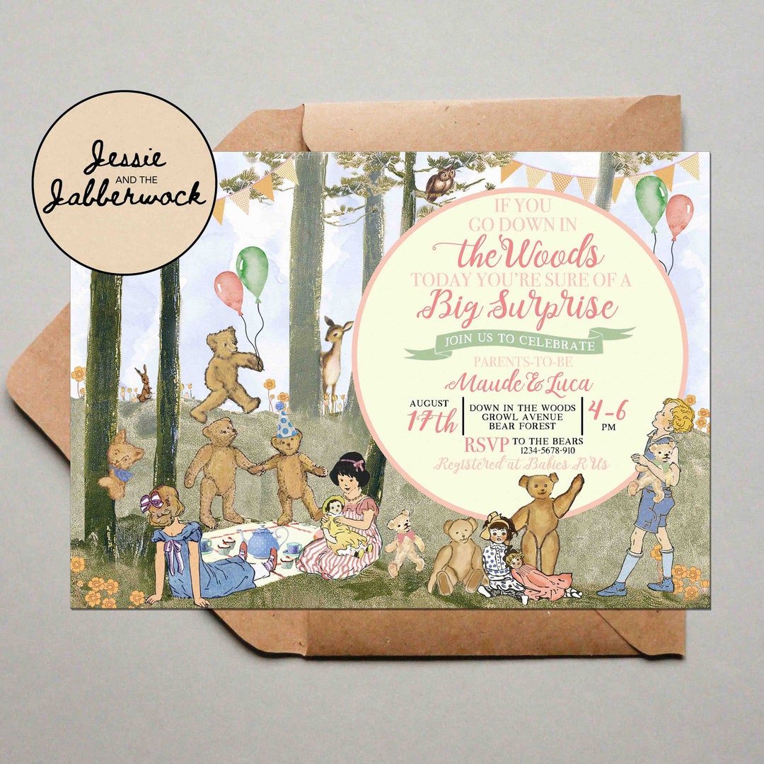 Teddy Bear Picnic Baby Shower Invitation, Vintage Baby Pink Gingham