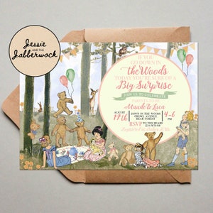 May include: A baby shower invitation with a woodland theme. The invitation features a pink and white circle with the text "If you go down in the woods today you're sure of a Big Surprise." The invitation also features a picture of teddy bears having a picnic in the woods.