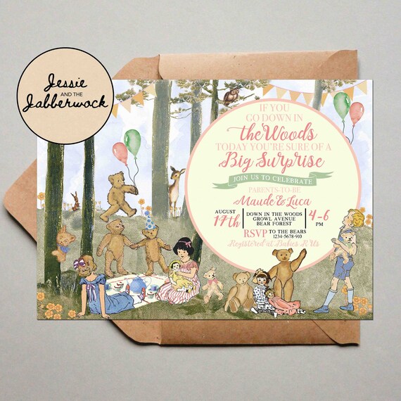 Teddy Bear Picnic Baby Shower Invitation, Vintage Baby Pink Gingham Party decorations.