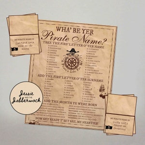 What&#39;s your Pirate Name? Printable, Instant download Party Game, Treasure Hunt Birthday Party, Name Tent Labels