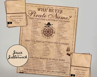 What&#39;s your Pirate Name? Printable, Instant download Party Game, Treasure Hunt Birthday Party, Name Tent Labels