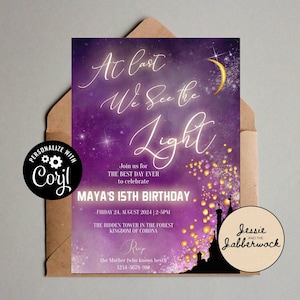 May include: Purple invitation with a starry night sky background and a silhouette of a castle. The text reads "At last we see the light" and "Maya's 15th Birthday". The invitation is for a party on Friday, August 24, 2024, from 2-5pm at The Hidden Tower in the Forest Kingdom of Corona.