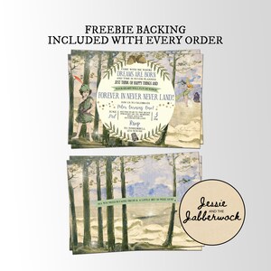 May include: A printable invitation for a first birthday party with a Peter Pan theme. The invitation features a whimsical illustration of a forest with a blue sky and a quote about dreams. The text on the invitation reads "Come with me where dreams are born and time is never planned. Just think of happy things and your heart will fly on wings. Forever in Never Never Land! Join us to celebrate Peter turning One! June 3rd 3 PM. RSVP to Tinkerbell 1234-5478-910". The invitation also includes a logo for Jessie and the Jabberwock.