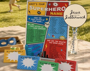 Juego imprimible para adivinar el nombre de tu superhéroe, ¿Cuál es tu nombre de superhéroe?, Actividad para fiestas de cumpleaños infantiles con temática de superhéroes, Etiquetas de nombres y tarjetas de mesa (descarga instantánea)