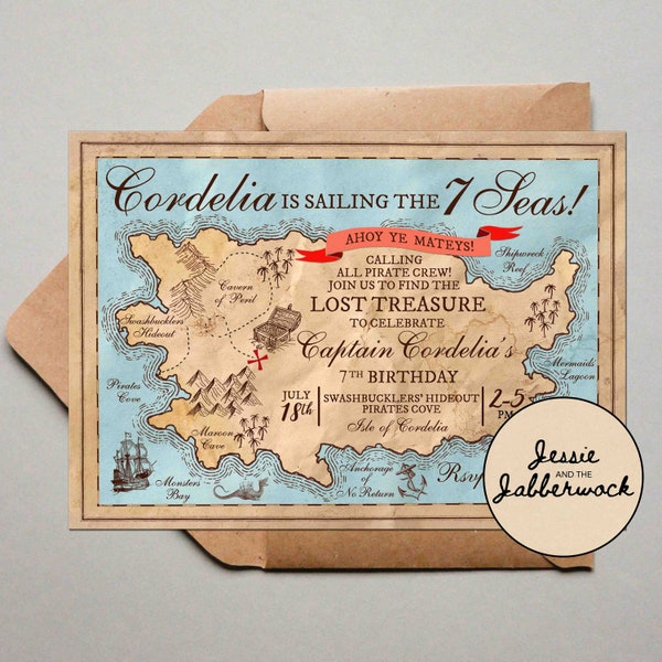 Pirate Invitation | Treasure Map Invite, Sail the seven seas invitation, Pirate 7th Birthday party | Treasure Hunt Party