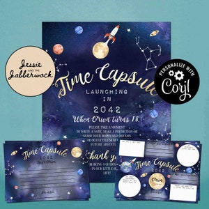 May include: A blue and purple space-themed time capsule invitation with a rocket ship, planets, and stars. The text reads "Time Capsule Launching in 2042 When Orion turns 18".