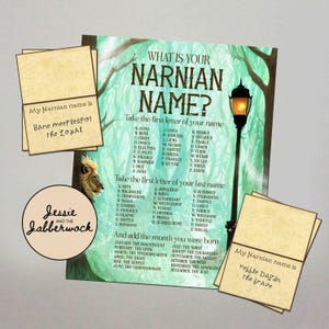 May include: A printable chart with a whimsical illustration of a forest scene and a lamppost. The chart is titled "What is your Narnian name?" and provides instructions for creating a Narnian name based on the first letter of your first and last name and the month you were born. The chart includes a list of Narnian names for each letter of the alphabet.