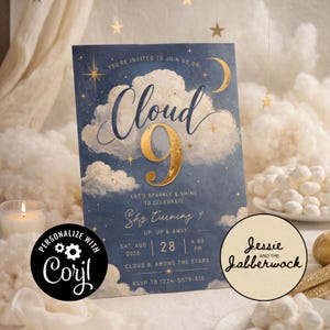 Cloud 9 Birthday Invitation Template, Editable 9th Birthday Invite, Cloud Nine Party, Moon Stars Sky celebration, Printable Corjl