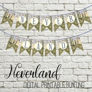May include: A printable bunting banner with the words "NEVERLAND" in white letters on a green background. The banner is decorated with images of Peter Pan and Tinkerbell.