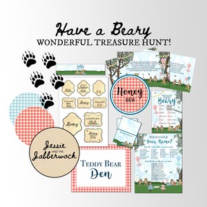 May include: A set of printable party decorations for a teddy bear themed party. The decorations include a treasure hunt game, a bear name game, and a variety of labels with text like "Honey Dew", "Teddy Bear Den", and "Peanut Butter".