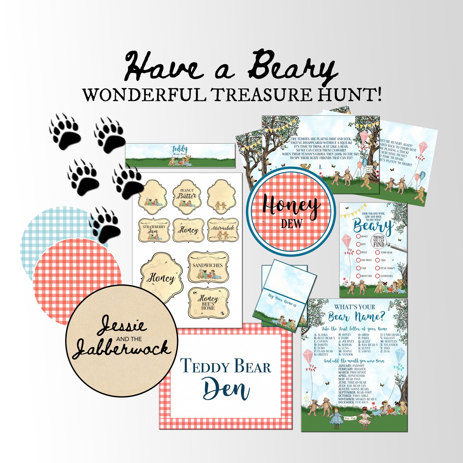 Teddy Bear Picnic Treasure Hunt Clues |  Scavenger Hunt Quest | Teddy Bears Picnic Birthday | Party Games | Labels | Name generator