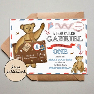 | d’invitation Teddy Bear | du premier anniversaire de Beary Style de carte postale Invitez | Pique-nique d’ours en peluche invitez | Un ours appelé... | | de valise 1er anniversaire