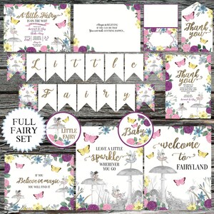 May include: A printable set of fairy-themed party decorations in pink, purple, and yellow. The set includes a welcome sign, thank you cards, a banner, and a variety of other decorations. The text on the welcome sign reads "Welcome to Fairyland".