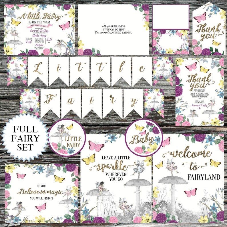 May include: A printable set of fairy-themed party decorations in pink, purple, and yellow. The set includes a welcome sign, thank you cards, a banner, and a variety of other decorations. The text on the welcome sign reads "Welcome to Fairyland".
