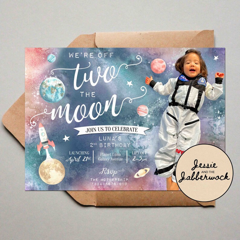 Two the Moon Photo Invitation Astronaut 2nd Birthday Space Planets Party Invite Rocket Ship Out of this world Coral pink Blue