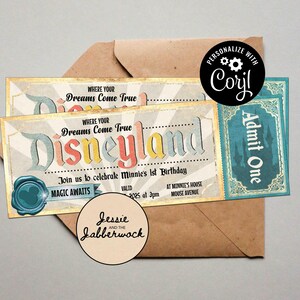 May include: A vintage-style ticket invitation to a Disneyland birthday party. The ticket is blue, yellow, and red with the words "Where your dreams come true" and "Disneyland" printed on it. The ticket also includes the text "Join us to celebrate Minnie's 1st Birthday" and "Magic Awaits".
