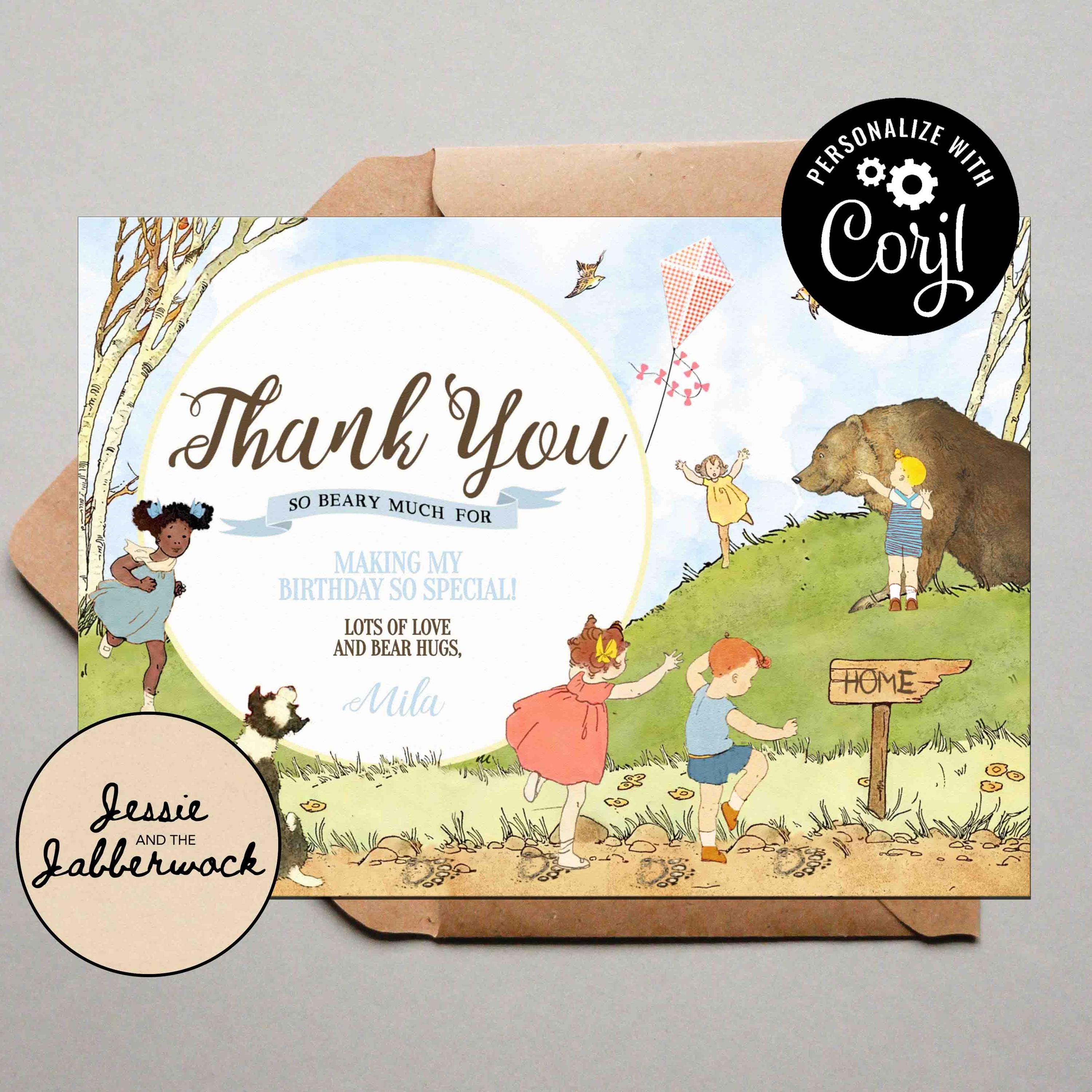 Vamos fazer uma caça ao urso, nota de agradecimento, trilha natural, piquenique, aniversário na floresta externa | Design editável Corjl Download instantâneo