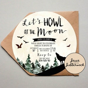 Howl at the Moon, Wolf Invite, Circle shaped invitation, Enchanted Forest, Halloween Party, Autumn/Fall Birthday