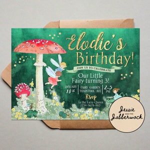 Vintage Fairy Invitations, Fairies Birthday Invites, toadstools, Magical Enchanted woodland party, Fairytale forest, fairy dust