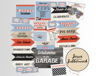 May include: A set of printable party decorations with a vintage car racing theme. The decorations include signs with text like "Refuel Station", "Garage", "Drive Through Car Wash", "Welcome to the Garage", "Finish Line Clubhouse", "Starting Line", "Pit Stop", "Race Track", "Refueling", and "Thanks for Racing by Drivers!" The decorations also include a circle with the text "Jessie and the Jabberwock".
