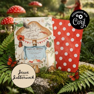 Plantilla de invitación de cumpleaños Bosque Encantado, invitación editable de hada de seta, fiesta de animales del bosque, invitación de seta duende Corjl Descargar