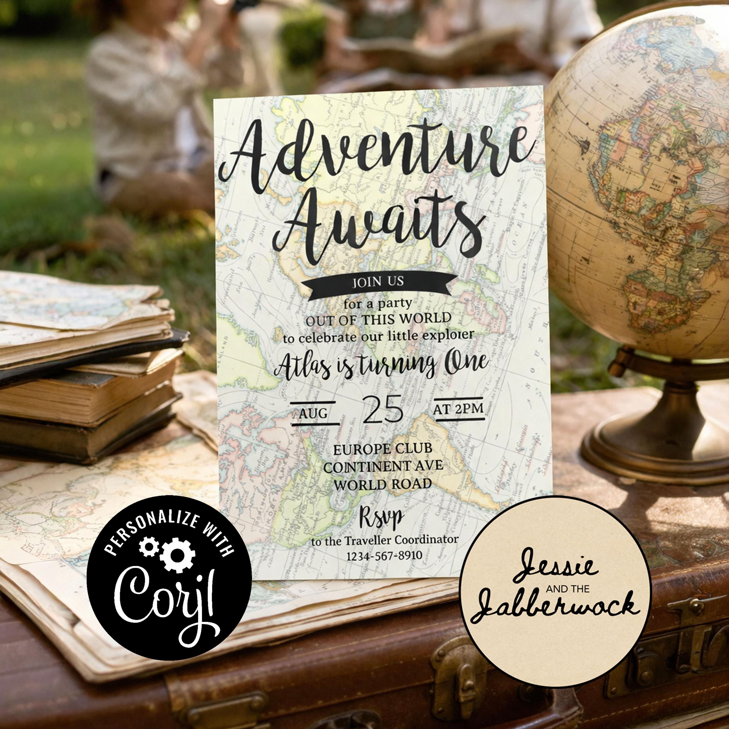 Map Party Invite Adventure Awaits Map Invitation Template | Editable Travel Party Invite ...