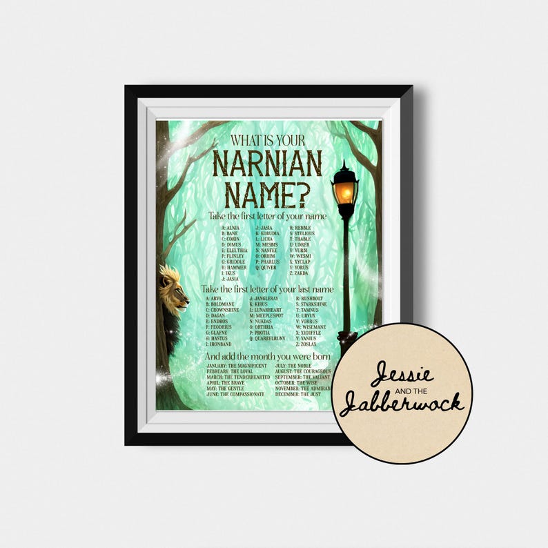 May include: A printable chart with a whimsical forest background and a vintage-style lamppost. The chart is titled "What is your Narnia Name?" and provides instructions for creating a Narnia name based on the first letter of your first and last name and the month you were born.