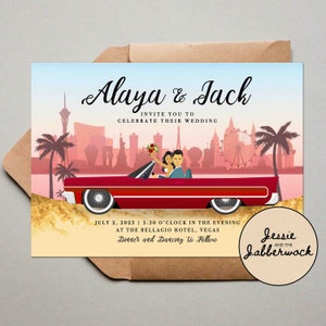 Personalised Couple & Vehicle Illustration invitation, City skyline Wedding Invite, Custom Vegas portrait drawing invitation, Save the Date