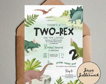 2-REX RAWWR 2e verjaardagsuitnodiging | Uitnodiging voor feest twee wilde dinosaurussen | Stomp, Chomp, Roar, feest als een dinosaurus