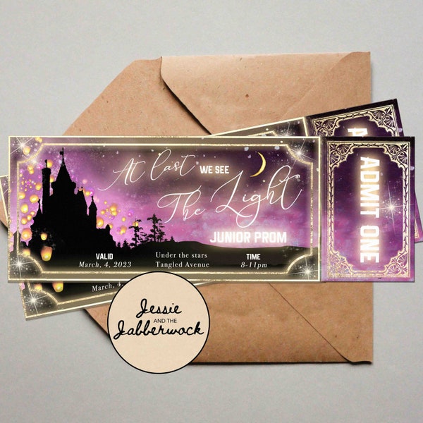 Fairy Tale Ticket Invite | Enchanted Castle Invitation | Rapunzel Sky Lantern Moon & Stars | Let your power shine I see the light | Prom