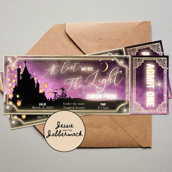 invitation pour un billet de conte de fées | Invitation château enchanté | Raiponce, lanterne céleste, lune et étoiles | Que ton pouvoir brille Je vois la lumière | Bal de promo