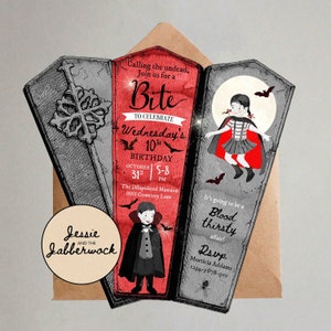 May include: A red and black invitation card with a coffin design. The text on the card reads "Calling the undead, Join us for a Bite to celebrate Wednesday's 10th Birthday, October 31st, 5-8 PM, The Dilapidated Mansion, 0001 Cemetery Lane. It's going to be a Blood thirsty affair! RSVP Morticia Addams 1234-5678-910".
