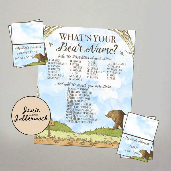 What's your Bear Name? Printable, Instant download Party Game, Bear Hunt Birthday Party, Grizzly Brown Bear Name Tent Labels