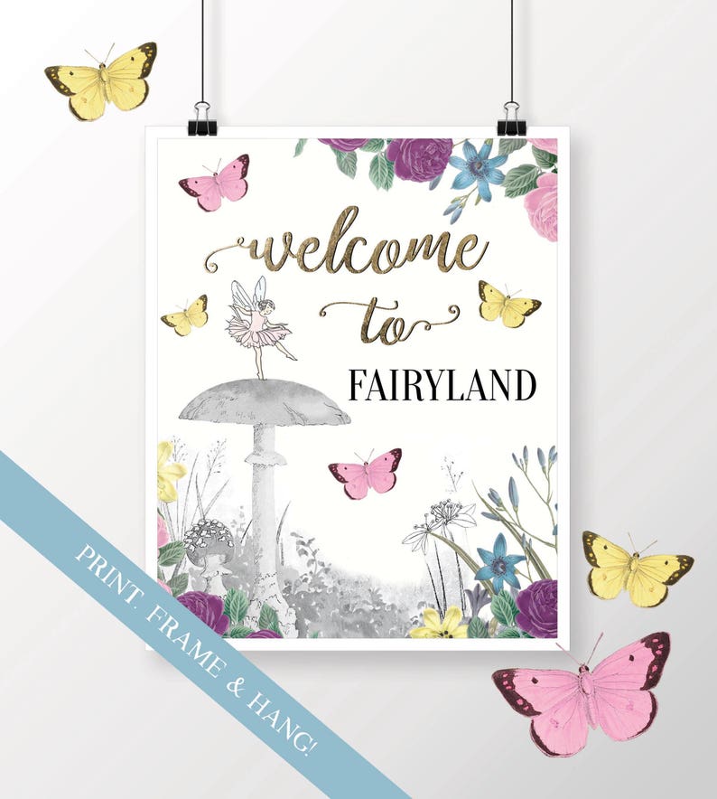 May include: A printable sign with a whimsical fairy illustration, a mushroom, and butterflies. The sign reads "Welcome to Fairyland".